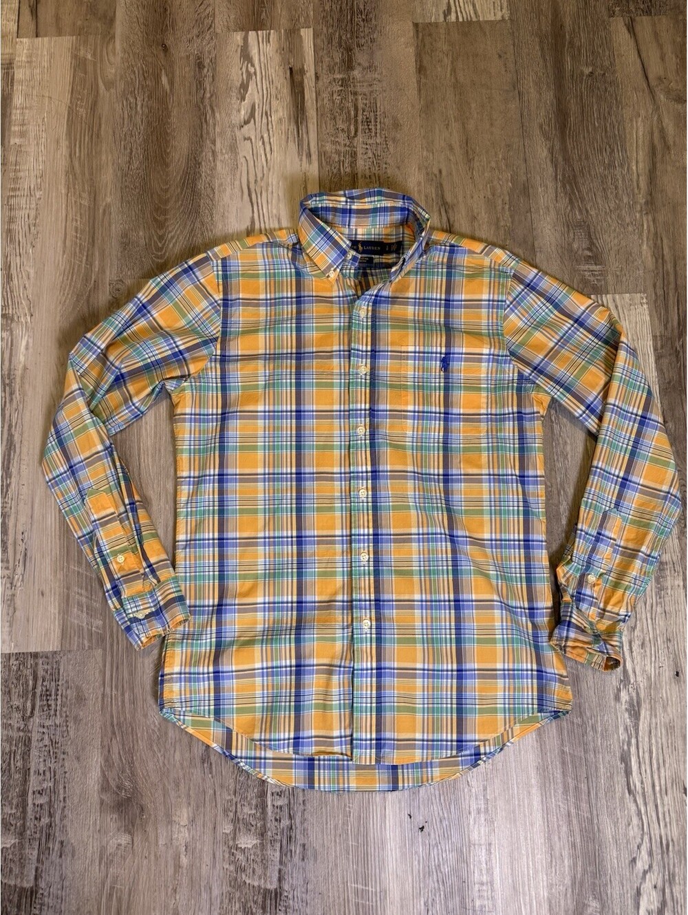 Polo Ralph Lauren Men Small S Plaid Button Down Shirt Orange Blue Cotton Stretch
